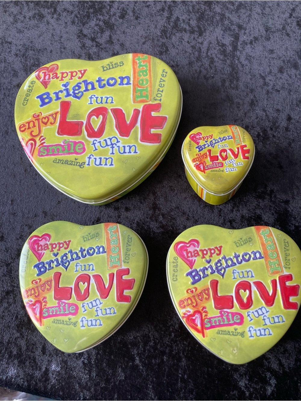 Brighton Lime Green Heart Tin Set with Pink and Blue Accents